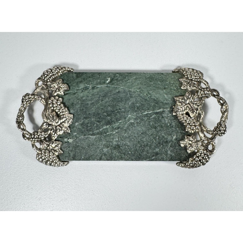 Goldinger Green Marble Silverplate Cheese Serving Plate Handles Grape Leaves